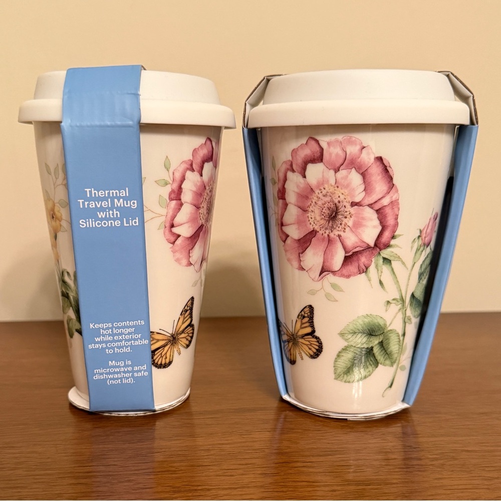 Set of 2: LENOX Butterfly Meadow Thermal Travel Mug, 10 oz Each, Silicone Lid - Picture 4 of 7